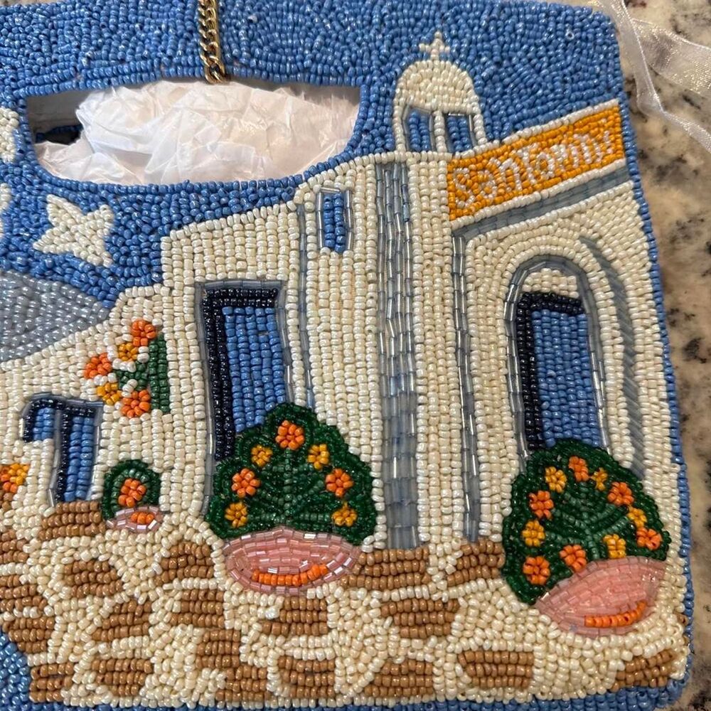 NWT Handmade Santorini Inspired Greece Beaded Clutch Purse Cat Charm - Picture 3 of 8